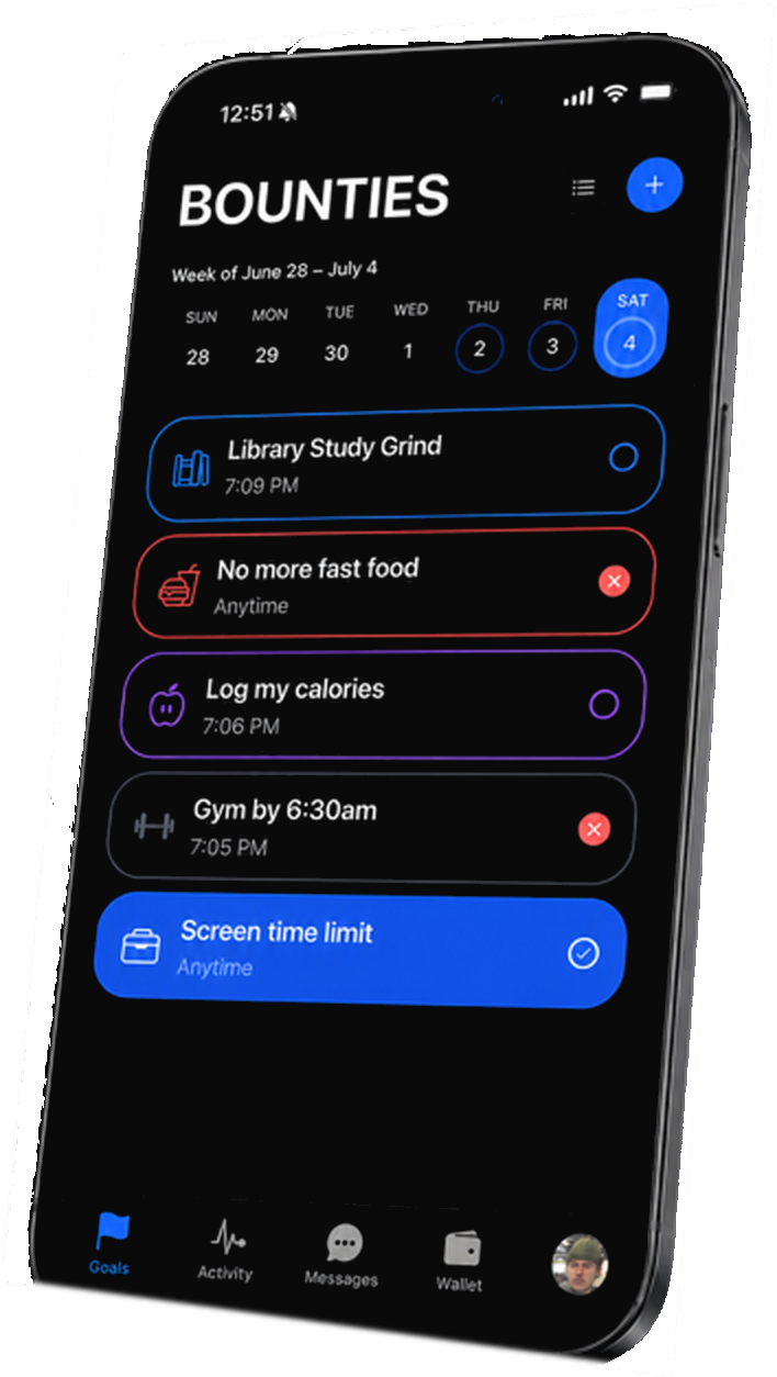 The Bounty app showing a list of example goals, each with its check-in schedule.